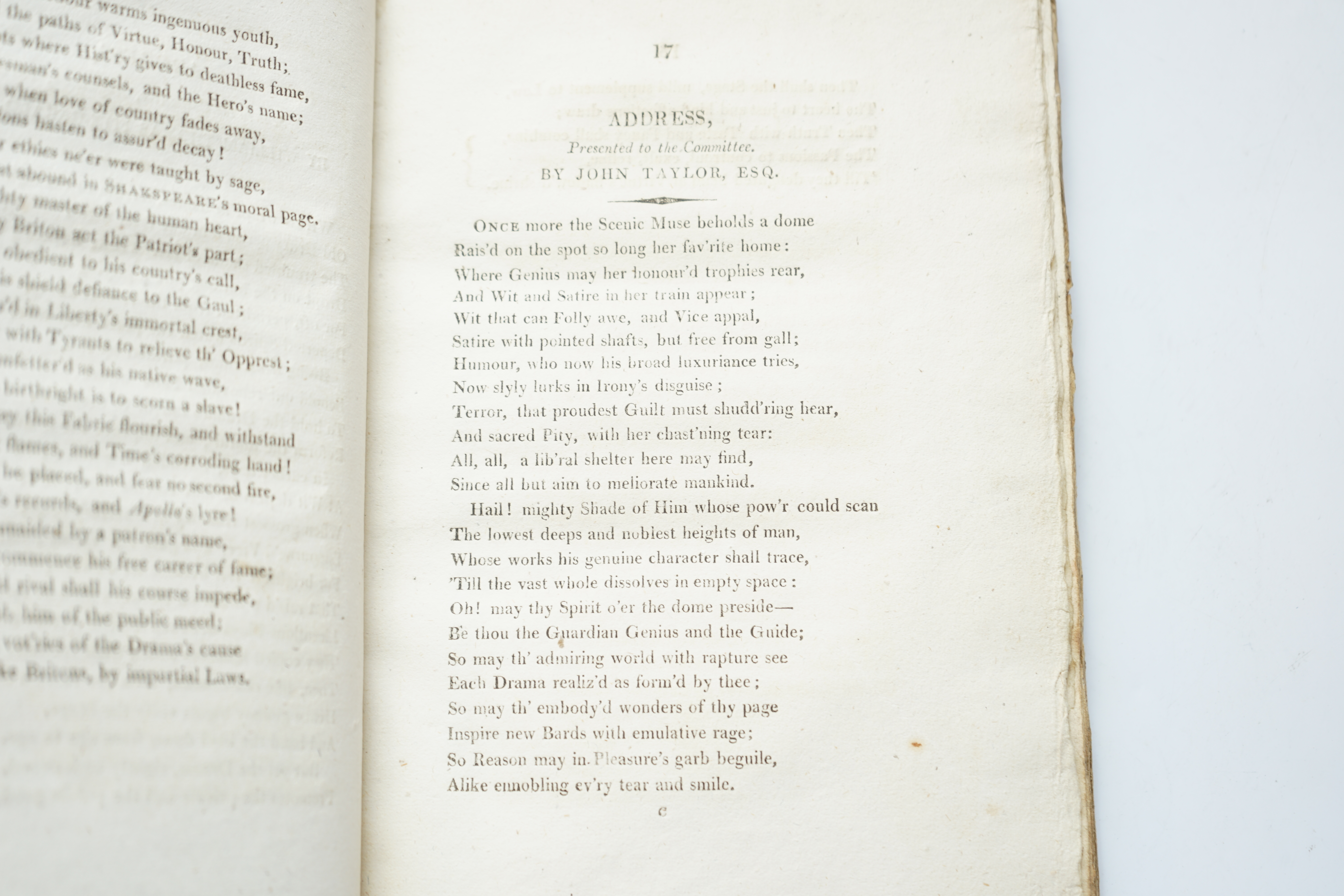 Byron, George Gordon Noel, Lord - The Genuine Rejected Address, presented to the Committee of Management for Drury-Lane Theatre, 1st (and only) edition, 8vo, original boards, lacks label to spine and half title, edges un